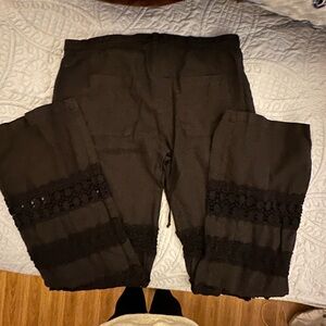 Johnny Was Black Wide-Leg Pants with Crochet Lace Insets